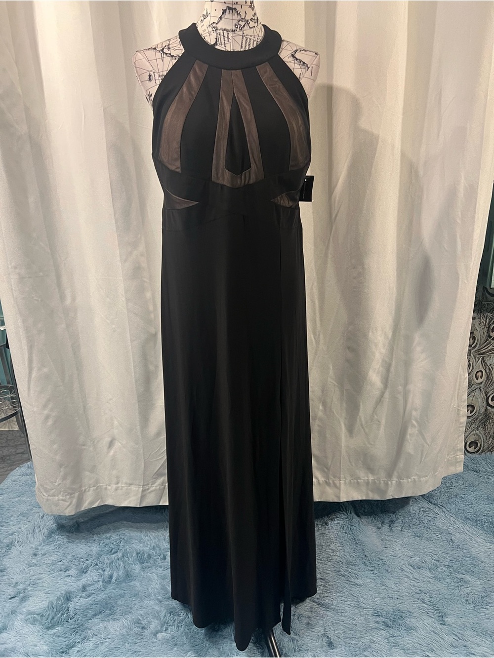 Ashley Stewart Black Halter Mesh Inset Evening Gown NWT